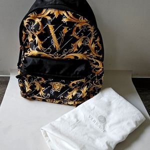 Versace Black Nylon Barocco Signature Print Zip Backpack